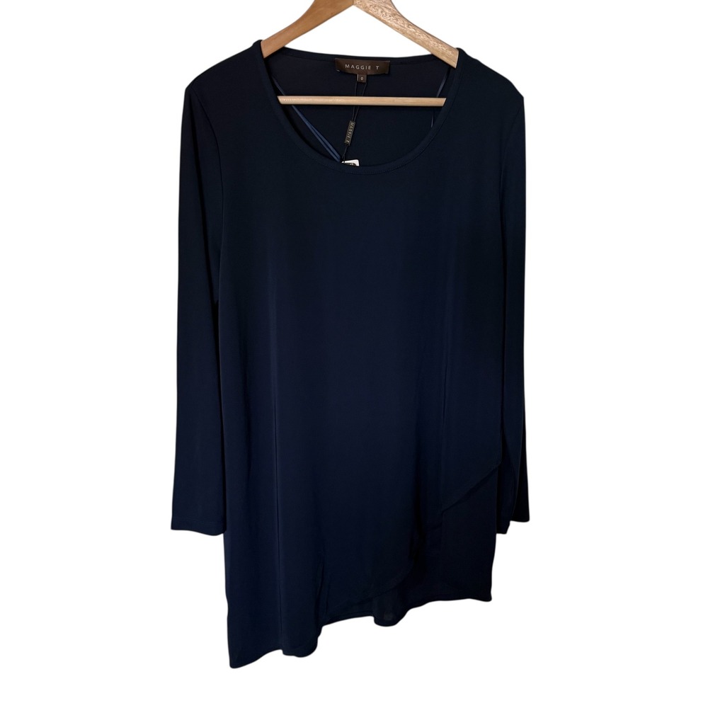 MAGGIE T‎ Navy Blue Asymmetrical Overlay Long Sleeve Tunic Top Size 0